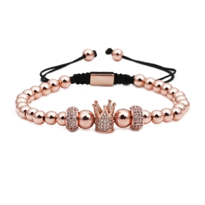 Men's Vintage Crown Pendant Copper Bead Woven Bracelet With Micro Inlaid Zirconia Adjustable Hand Jewelry For Men