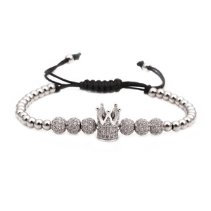Men's crown beaded woven bracelet with silver zircon balls and adjustable black cord