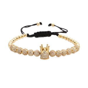 Men's woven crown bracelet featuring gold beads and 12 micro-pave zircon spheres