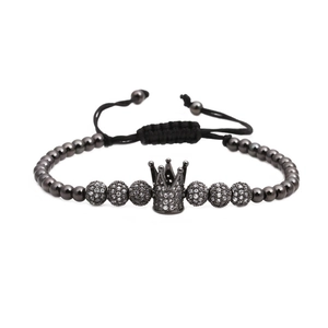 Men's crown woven bracelet with black zircon beads and adjustable braided nylon cord