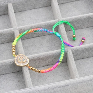 Rainbow woven heart bracelet with colorful zircons and adjustable gold bead slider