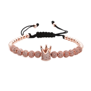 Men's crown beaded bracelet with rose gold zircon balls and adjustable woven cord