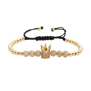 Men's crown braided bracelet with 6mm zircon pave balls and golden copper beads