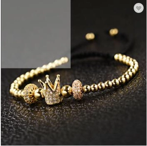 Men's crown woven bracelet with gold micro-pave zircon beads and adjustable cord
