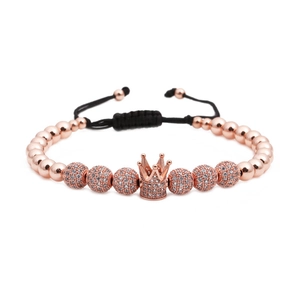 Rose gold crown bracelet with micro-paved zircon beads and adjustable woven cord