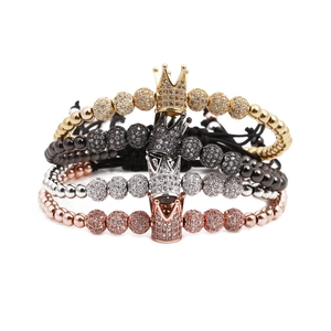 Men's crown braided bracelet set with micro-pave zircon beads in four metallic colors