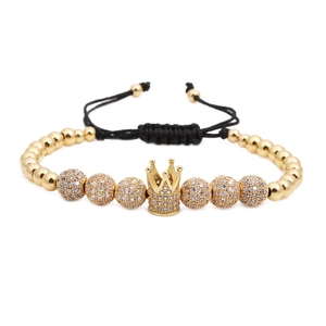 Handmade woven bracelet with gold crown charm and 8mm micro-paved zircon bead accents