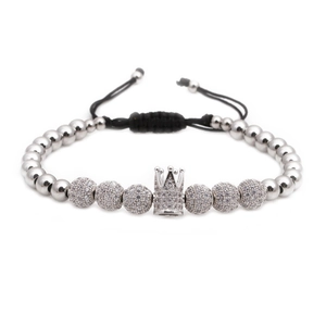 Men's silver crown bracelet with 8mm zircon-set beads and woven adjustable rope