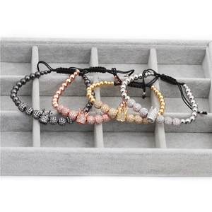 Men's crown woven bracelets with 8mm micro-pave zircon beads in four metallic colors