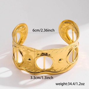 Golden wide stainless steel cuff bracelet with hollow dot design and size measurements