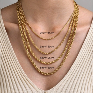 Comparison of golden stainless steel rope chains in 2mm to 5mm widths on a model