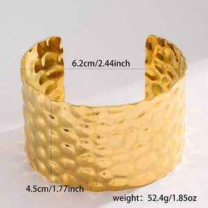 Chic 18K gold plated stainless steel wide wave cuff bracelet with hammered texture finish