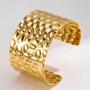 18K gold plated stainless steel wide cuff bracelet with hammered wavy texture for women