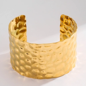 Hip Hop Wide Stainless Steel Hammered Cuff Bracelet 18K Gold Plated Open Wave Textured Bangle For Women Fashion Jewelry