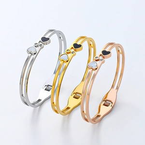 Bracelet Jonc Cœur Élégant en Acier Inoxydable pour Femmes Double Couche Acier Titane Cœur Strass Charnière Bracelet Bijoux de Mode Cadeau