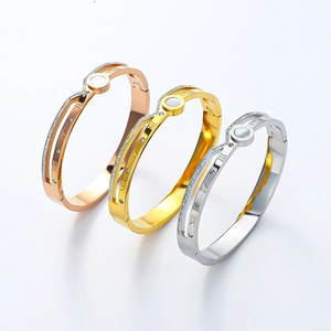 Bracelet Jonc De Luxe En Acier Inoxydable Pour Femme Design Double Couche Incrustation De Nacre Chiffres Romains Bijoux Élégants