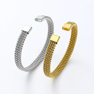 Stainless Steel Woven Mesh Open Cuff Bracelet 18K Gold Plated C Shape Twisted Bangle For Women Men Minimalist Hip Hop Jewelry