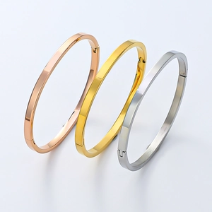 Vintage Minimalist Titanium Steel Stripe Oval Bangle For Women Gold Plated Hinge Closure Fashion Jewelry Accessory Gift