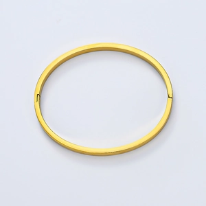Detail showing the 18K gold plated stainless steel bangle with side hinge clasp mechanism