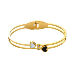 Bracelet en acier titane or rose 18K avec motifs cœurs noir et blanc et zircons brillants