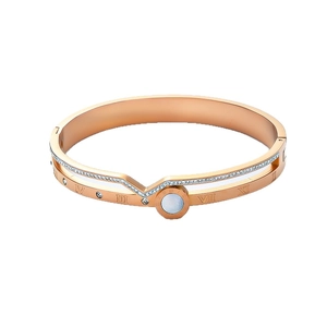 Bracelet double couche en acier titane or rose avec chiffres romains et cristaux