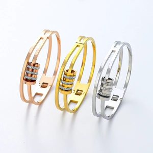 Titanstahl 18K Vergoldet Strass Gleitringe Armreif Elegant Doppelschicht Geometrisch Armband Für Damen Mode Schmuck