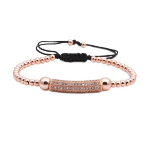Adjustable rose gold beaded bracelet with micro-pave zircon tube on black woven cord