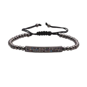 Adjustable 4mm beaded bracelet with colorful micro-pave cubic zirconia on rectangular bar