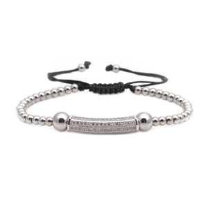 Men's adjustable beaded bracelet with silver micro-pave zircon tube and black nylon cord