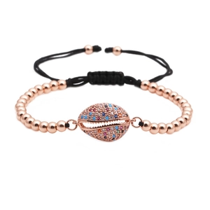Bracelet coquillage ajustable avec zircons colorés et perles en métal or rose
