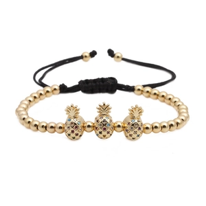 Bracelet Pendentif Ananas Zircon Coloré Micro Incrusté Perles en Cuivre Doré Corde Tressée Réglable Bijoux Femme Fête