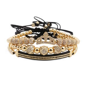 Luxus 4-teiliges Kronen-Armband-Set mit 6mm Goldperlen und Mikro-Pave-Zirkon-Kristallen