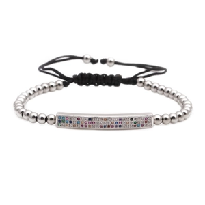 Adjustable woven bracelet with silver beads and multicolored zircon pavé bar setting