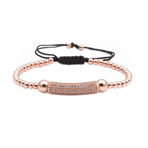 Rose gold beaded bracelet with micro-paved zircon bar and adjustable black cord