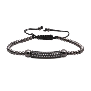 Men's beaded bracelet with micro-pave zircon metal bar and adjustable woven cord