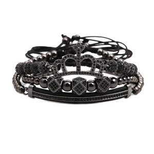 Herren Armband-Set mit Krone und Zirkonia-Perlen aus schwarzem Metall und Seil