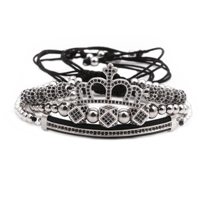 Dreiteiliges schwarzes Zirkon-Kronenarmband-Set mit Metallperlen und Kordelzug