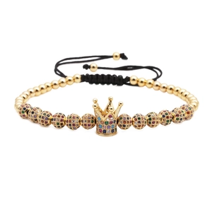 Luxury Copper Zirconia Crown Charm Bracelet Micro Pave Round Bead Adjustable Woven Rope Chain Jewelry Men Women Gift Fashion