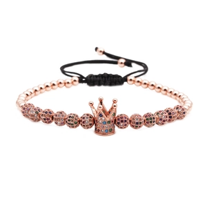 Rose gold crown bracelet with micro-pave multicolor zircon beads and adjustable cord