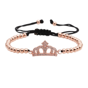 Adjustable rose gold crown bracelet with micro-pave cubic zirconia on black cord