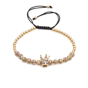 Golden crown beaded bracelet with micro-paved colorful zircon balls and black braided cord