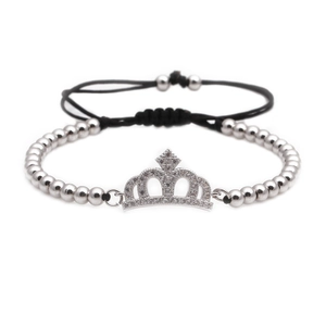 Adjustable silver crown bracelet with micro-paved zircons and polished beads on black cord