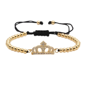 Adjustable golden crown beaded bracelet with micro-pave cubic zirconia on black cord