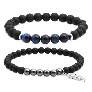 Bracelet en Perles d'Agate Mate et Oeil de Tigre Bleu Avec Pendentif Plume en Cuivre Agate Rayée Bracelet Extensible Homme Femme