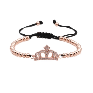Adjustable crown bracelet with micro-pave cubic zirconia and rose gold copper beads