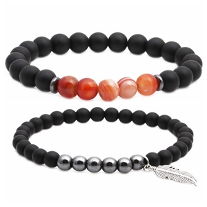 Ensemble de bracelets en perles d'agate et œil de tigre bleu avec pendentif plume