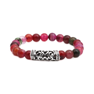 Beaded agate stone bracelet set with vintage silver hollow metal tube for men and women