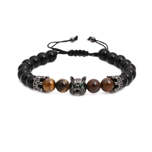 Men's beaded wolf head bracelet with black agate, tiger eye stones, and braided cord