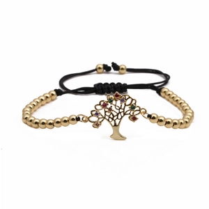 Tree Of Life Copper Bracelet Colorful Zirconia Inlaid Braided Rope Adjustable Bracelet Women Western Jewelry