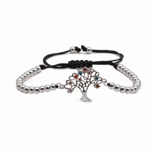 Silver tree of life braided bracelet with colorful cubic zirconia and black cord
